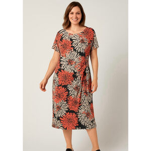 Women's ROBBIE BEE PXL Black Coral Floral Short Sleeve Midi Dress Whimsical Boho